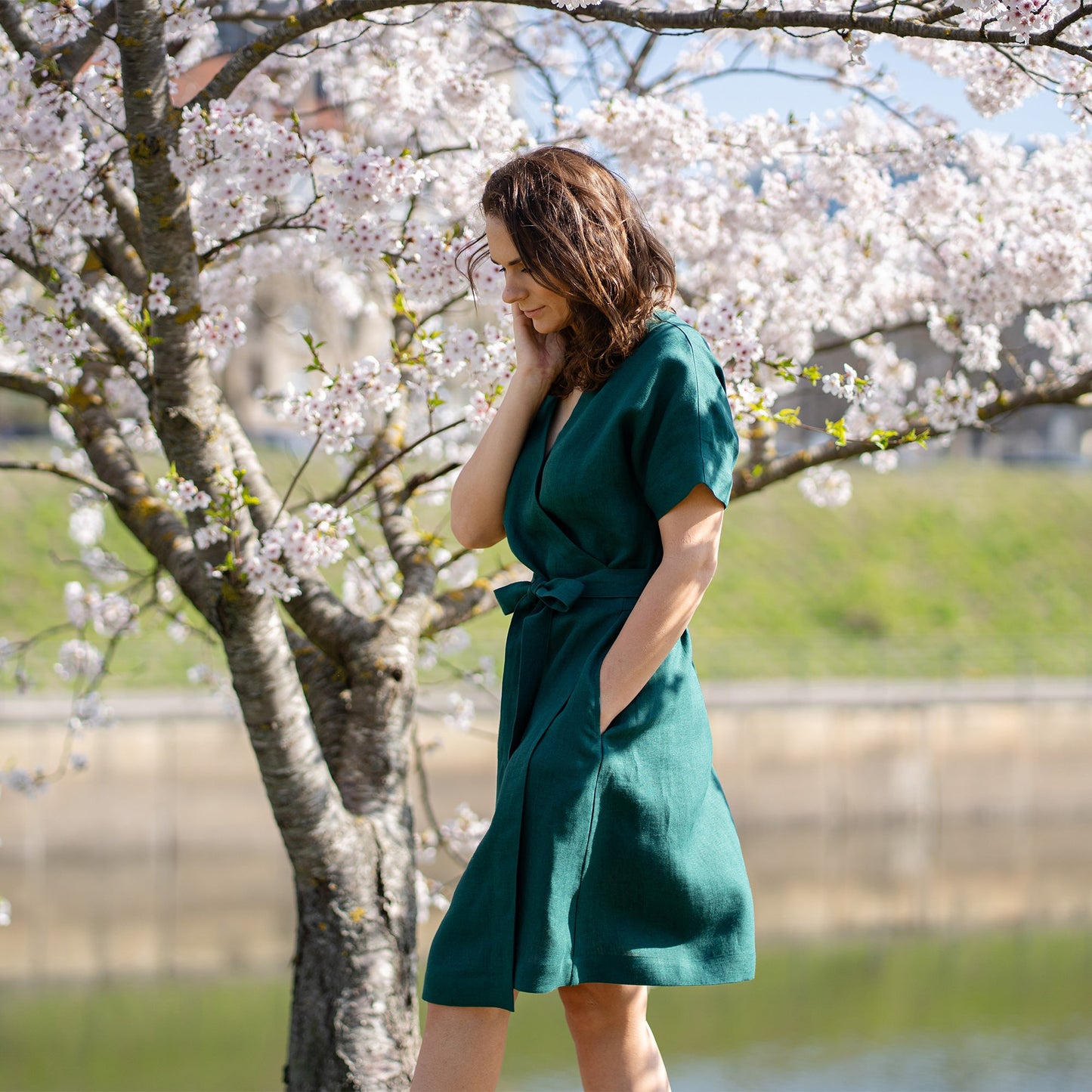 Linen Wrap Dress Eliana Dark Green