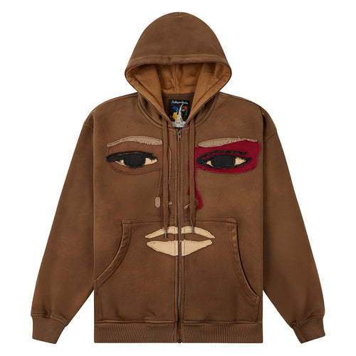 Patchwork Face Zip Up Hoodie | Dark Brown