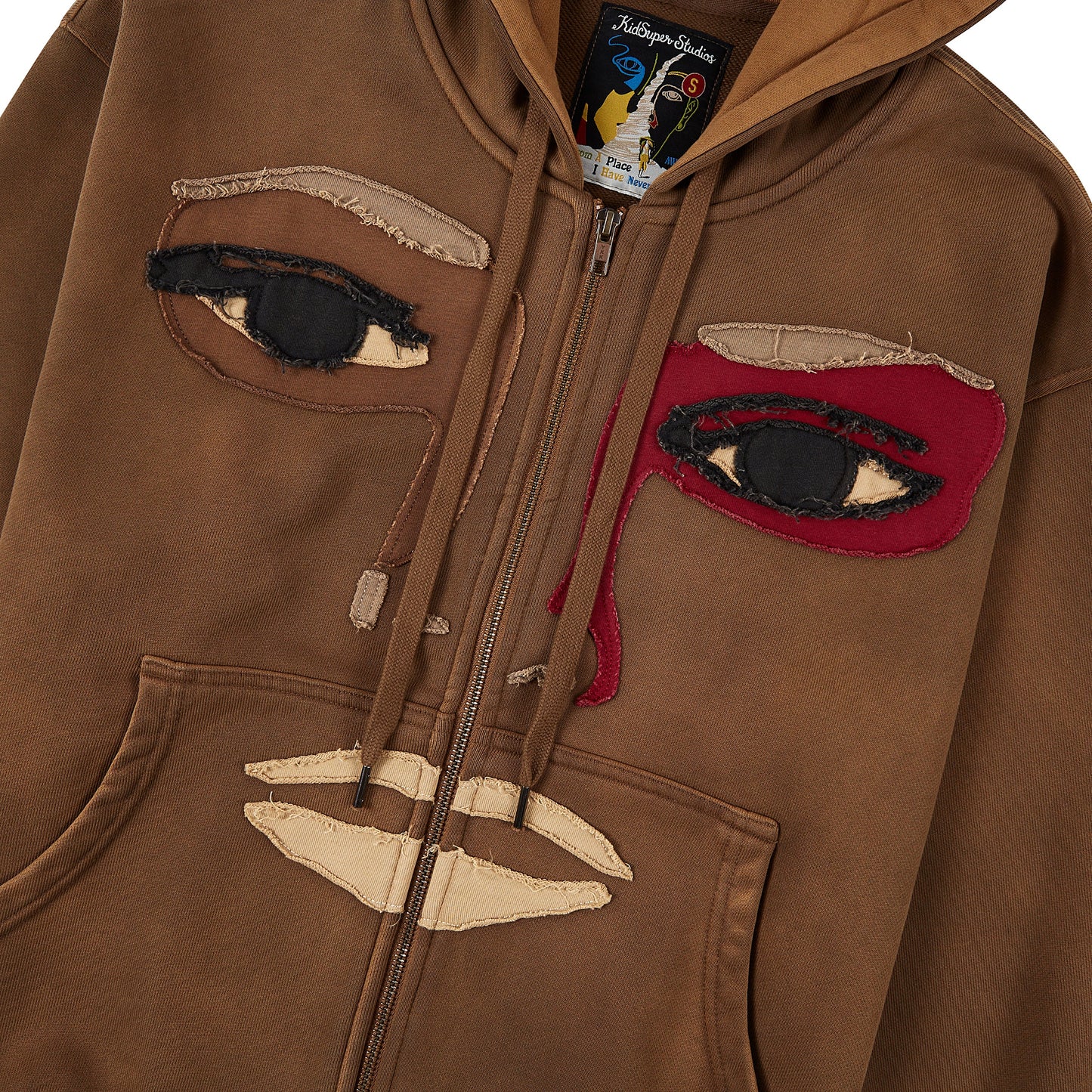 Patchwork Face Zip Up Hoodie | Dark Brown