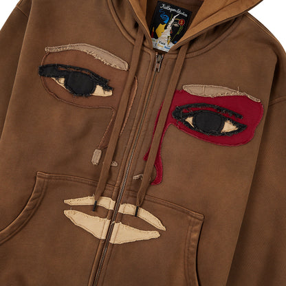 Patchwork Face Zip Up Hoodie | Dark Brown