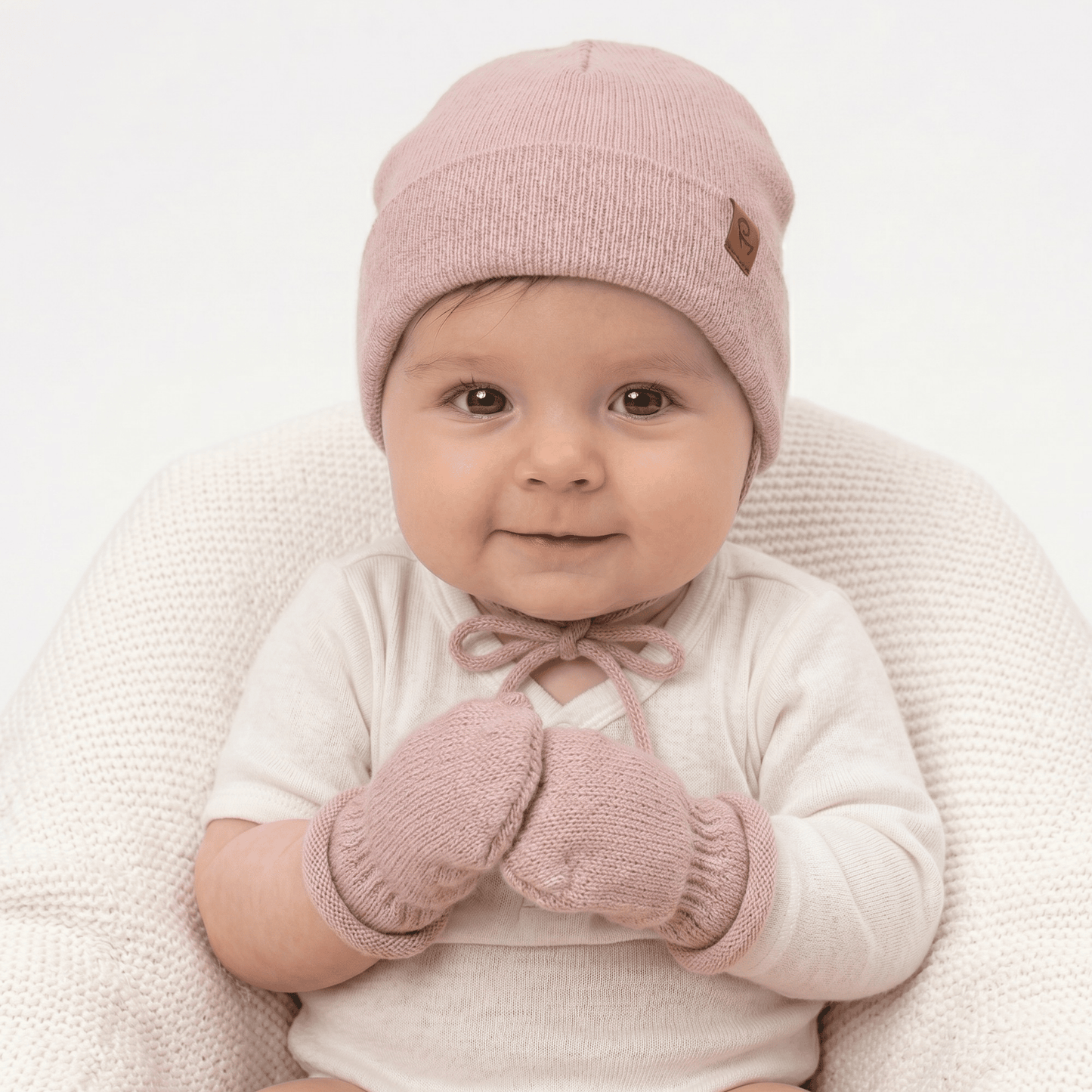 Baby Knit Beanie with Strings & Mittens 2-Piece