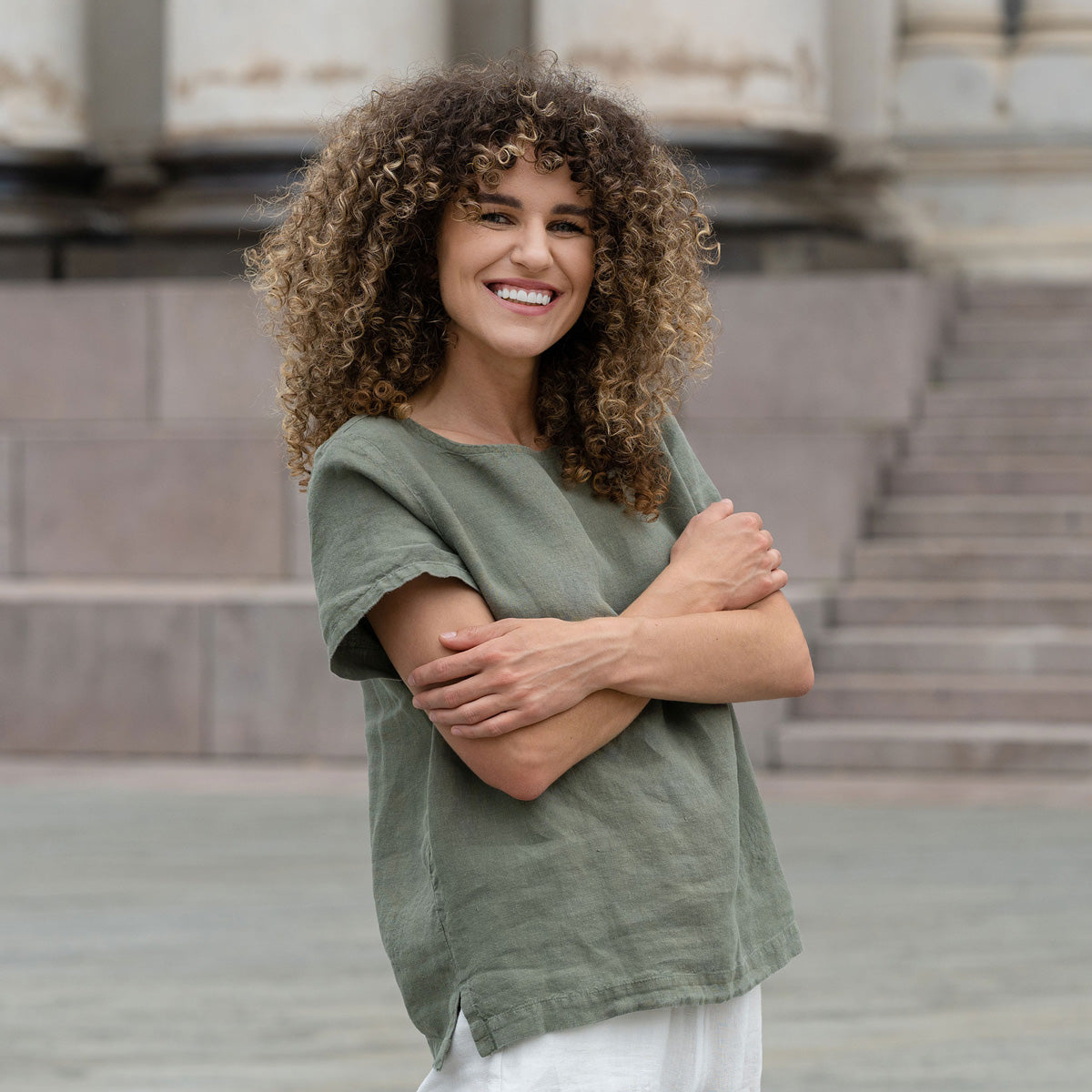 Linen T-Shirt Top Emma Stone Green