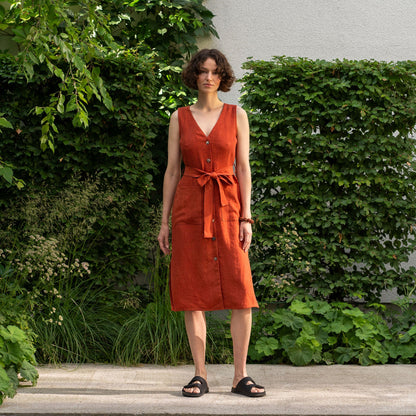 Linen V-Neck Dress With Belt Sierra