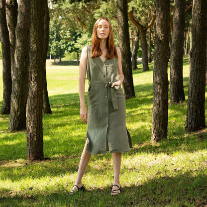 Linen V-Neck Dress With Belt Sierra